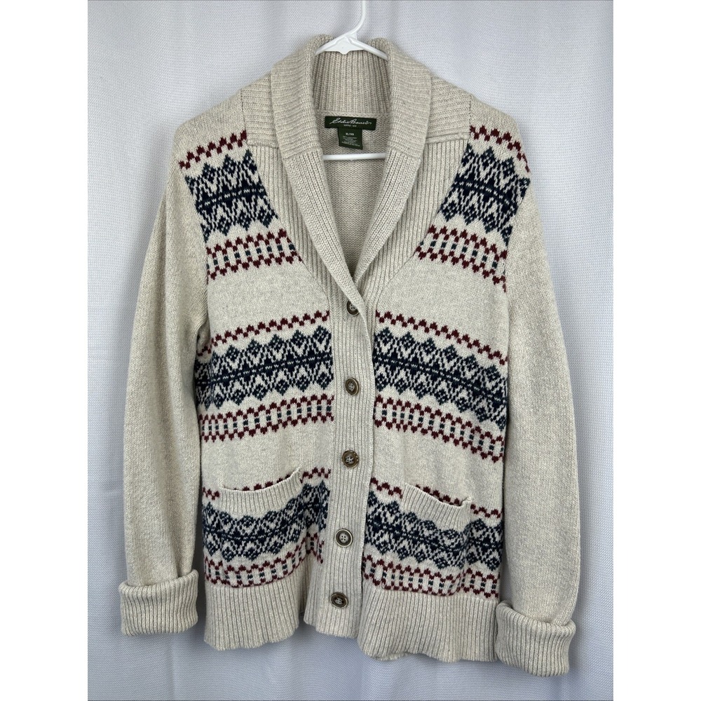 Eddie Bauer Cardigan Sweater XL Oatmeal Fair Isle Shawl Collar Wool Blend Nordic